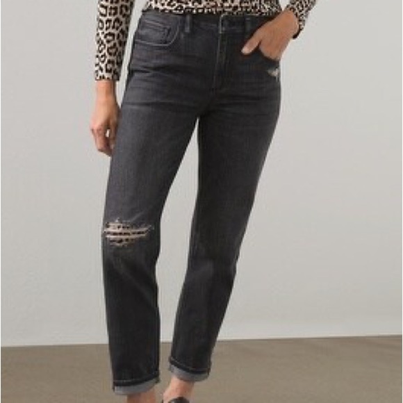 Chicos Sz 4R US 20R Black Denim Leopard Distressed Peekaboo Boyfriend Ankle Jean - Picture 1 of 12